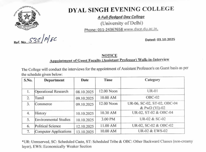 Assistant Professor Recruitment at Dyal Singh Evening College