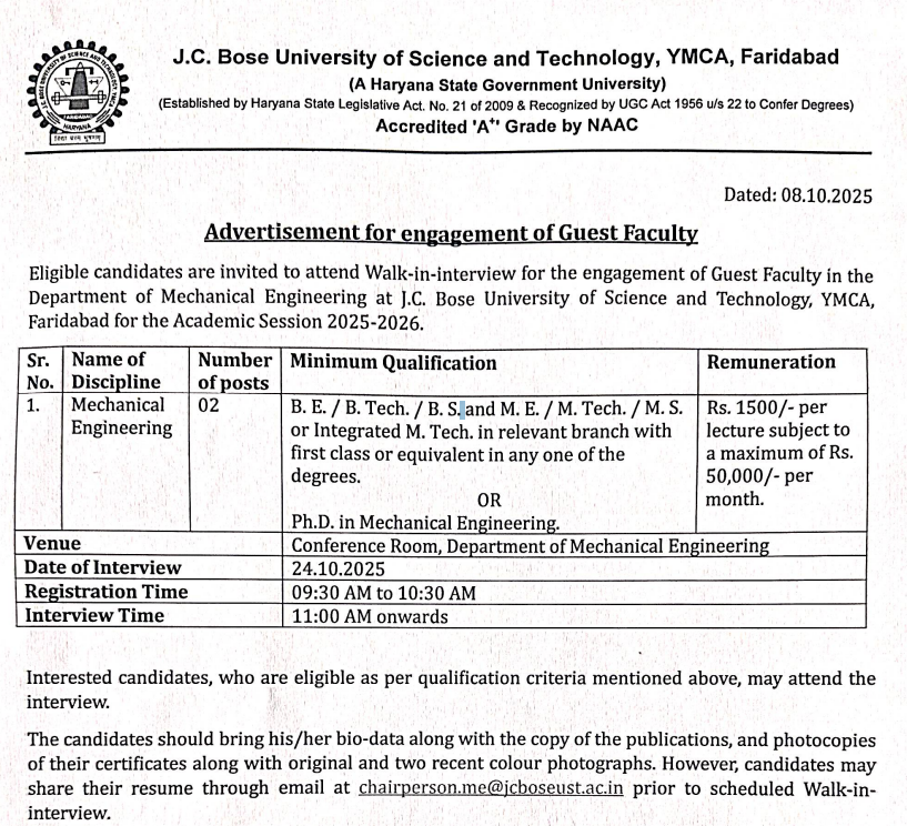 JC Bose University of Science and Technology Faridabad Hiring Guest Faculty