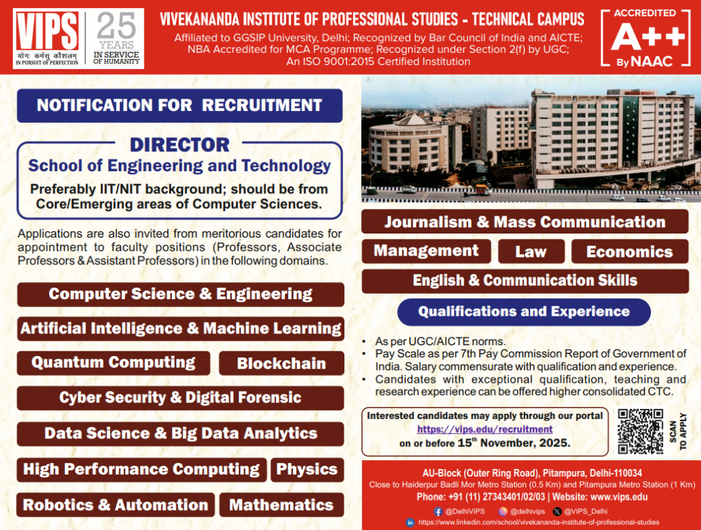 Vivekananda Institute of Professional Studies Delhi Recruitment 2025