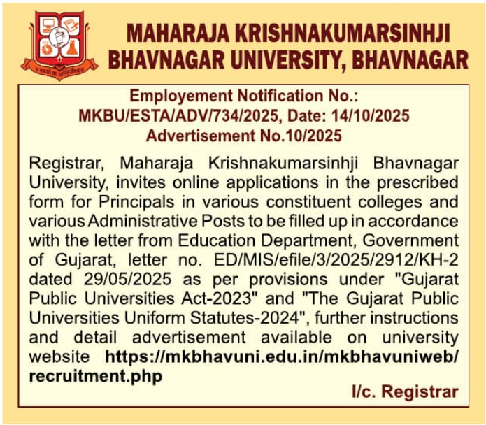 Maharaja Krishnakumarsinhji Bhavnagar University Recruitment 2025