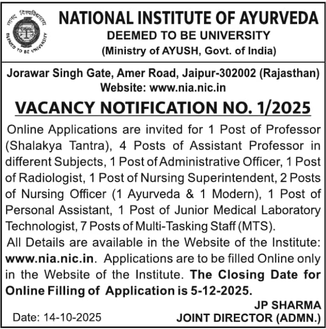 National Institute of Ayurveda Jaipur Faculty Recruitment 2025