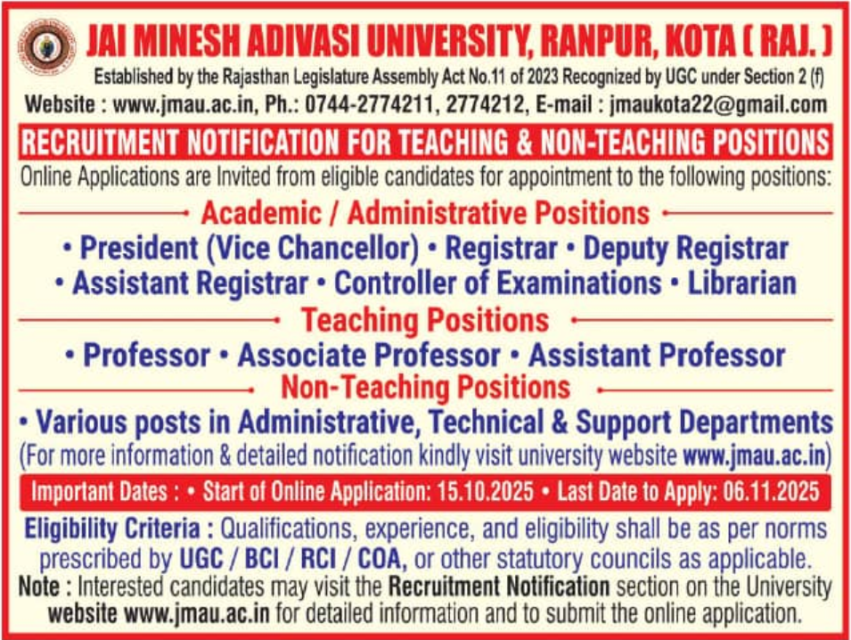 Jai Minesh Adivasi University Kota Faculty Recruitment 2025