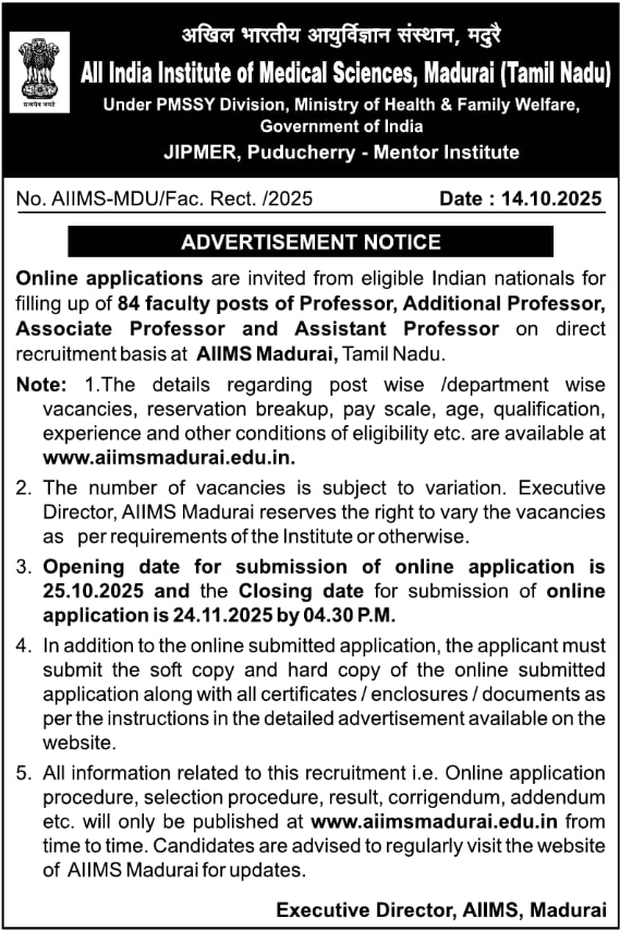 Apply for Professor Posts at AIIMS Madurai