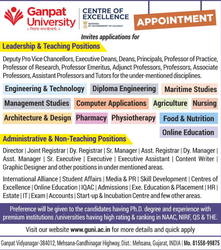 Ganpat University Faculty and Staff Recruitment 2025