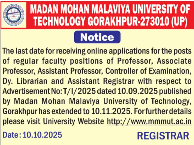 Faculty Recruitment 2025 at Madan Mohan Malaviya University of Technology