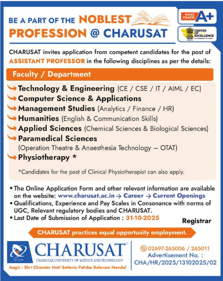 Faculty Recruitment 2025 at Charusat University