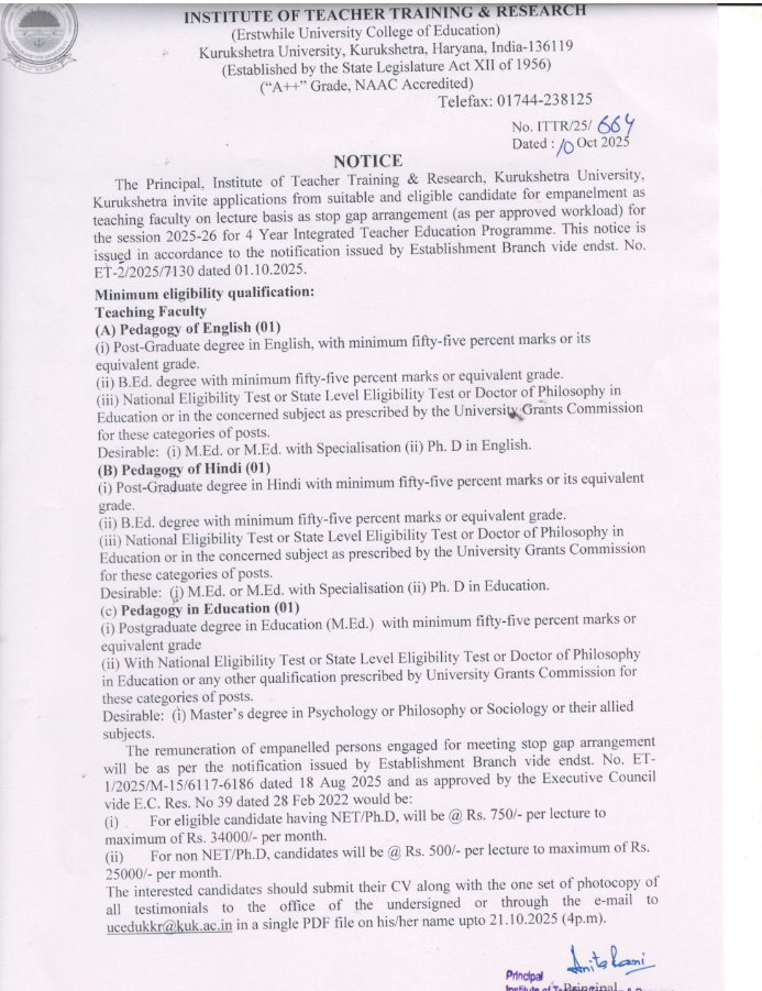 Teaching Faculty Openings at Kurukshetra University