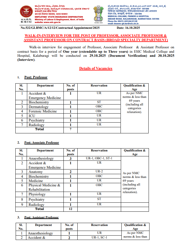 Walk-In Jobs at ESIC Medical College and Hospital