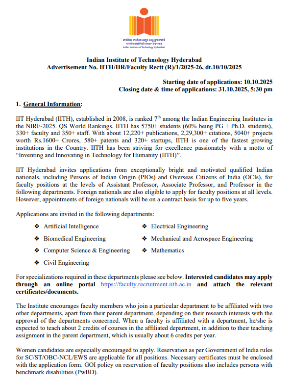 IIT Hyderabad Faculty Recruitment 2025