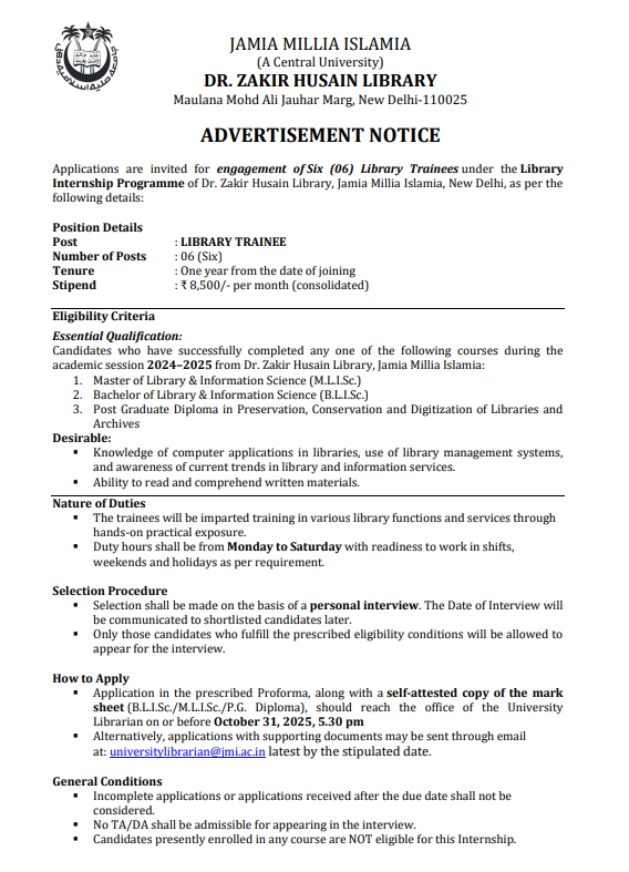 Jamia Millia Islamia Library Trainees Recruitment 2025