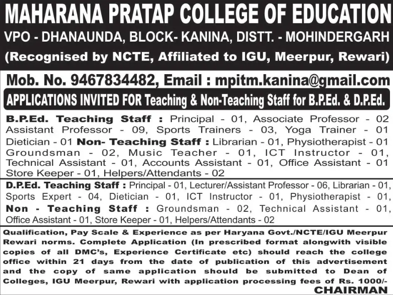 Maharana Pratap College of Education Mohindergarh Recruitment 2025
