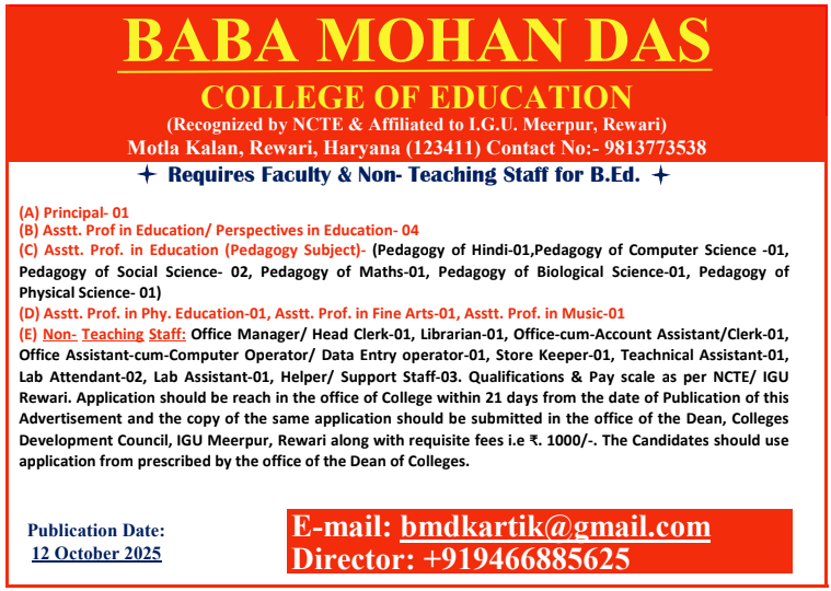Baba Mohan Das College of Education Rewari Recruitment 2025
