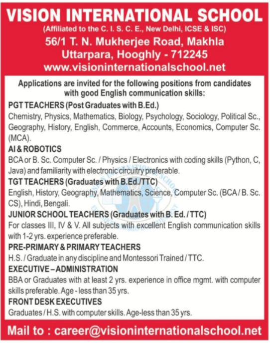 Vision International School Hooghly Recruitment 2025