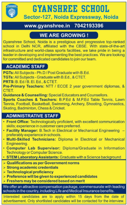 Gyanshree School Noida Recruitment 2025