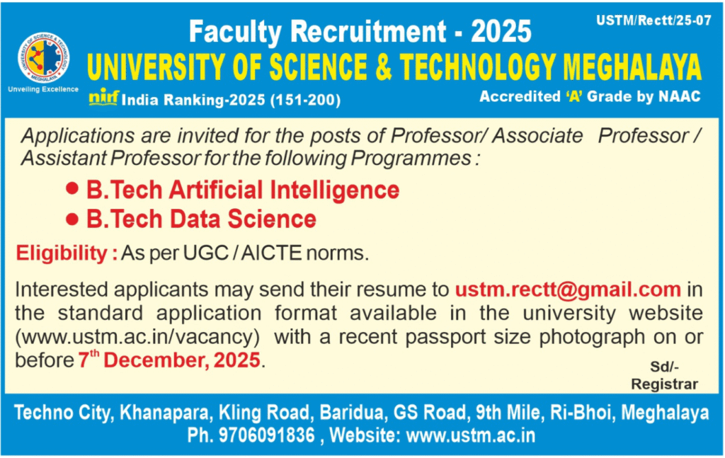 University of Science and Technology Meghalaya Professor and Assistant Professor Jobs