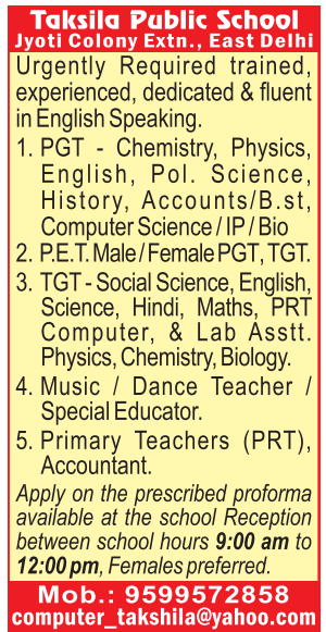 Taksila Public School East Delhi Faculty Openings 2025