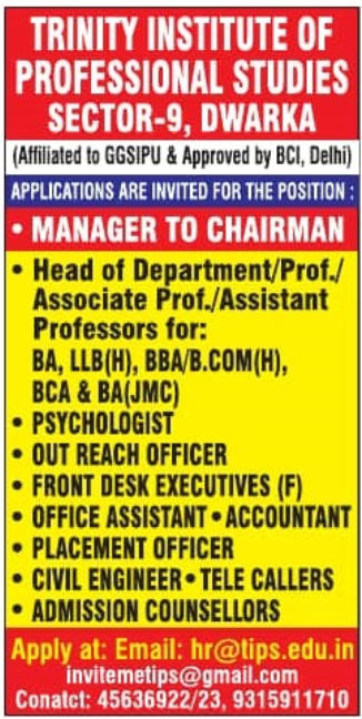 Trinity Institute of Professional Studies New Delhi Hiring Faculty and Non-Teaching Staff 2025
