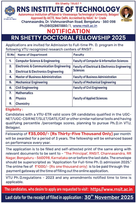 RN Shetty Doctoral Fellowship 2025 at RNS Institute of Technology