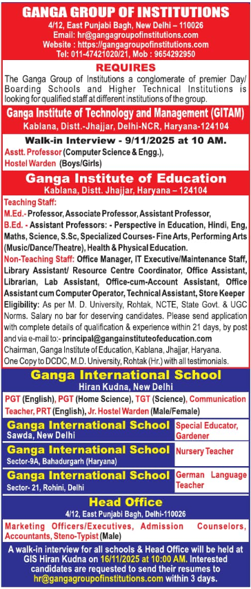 Ganga Group of Institutions Hiring Faculty 2025