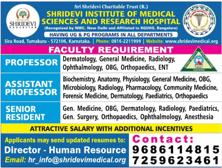 Shridevi Institute of Medical Sciences and Research Hospital Tumakuru Faculty Recruitment 2025