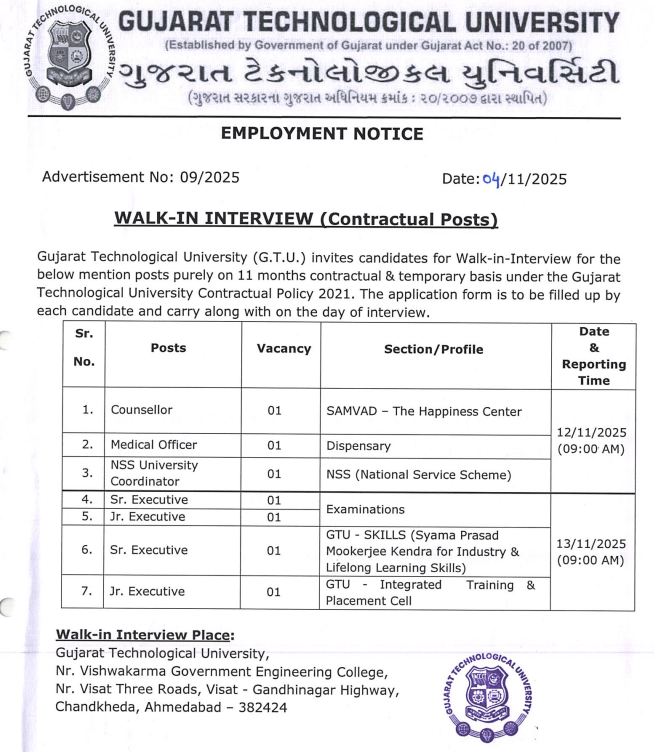 GTU Ahmedabad Hiring Non-Teaching Faculty
