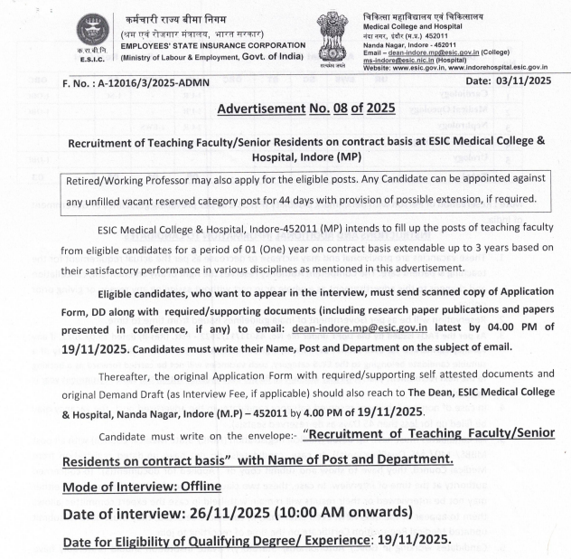 ESIC Medical College and Hospital Indore Faculty Recruitment 2025