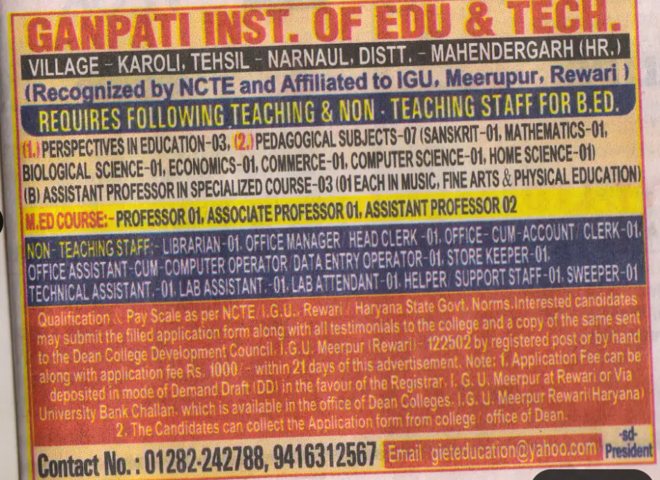 Ganpati Institute of Education and Technology Recruitment 2025