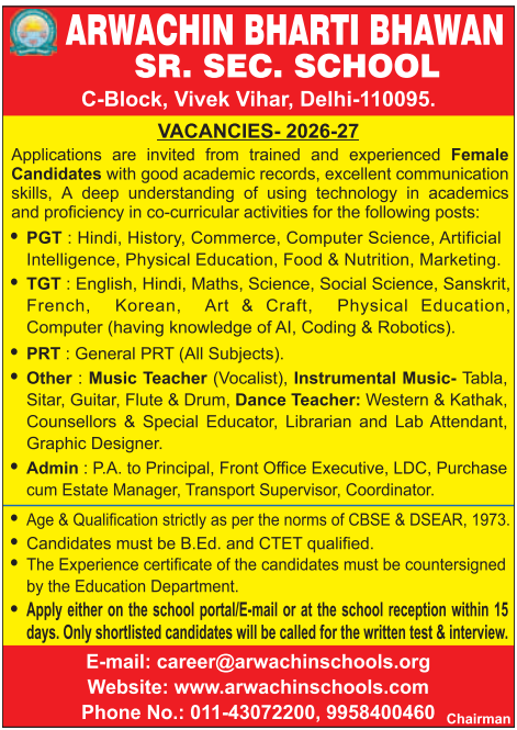Arwachin Bharti Bhawan Sr Sec School Recruitment 2026
