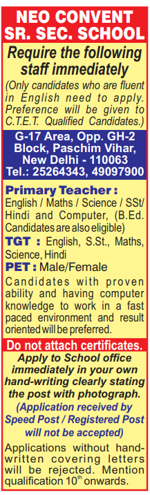 Neo Convent Sr. Sec. School Recruitment 2025