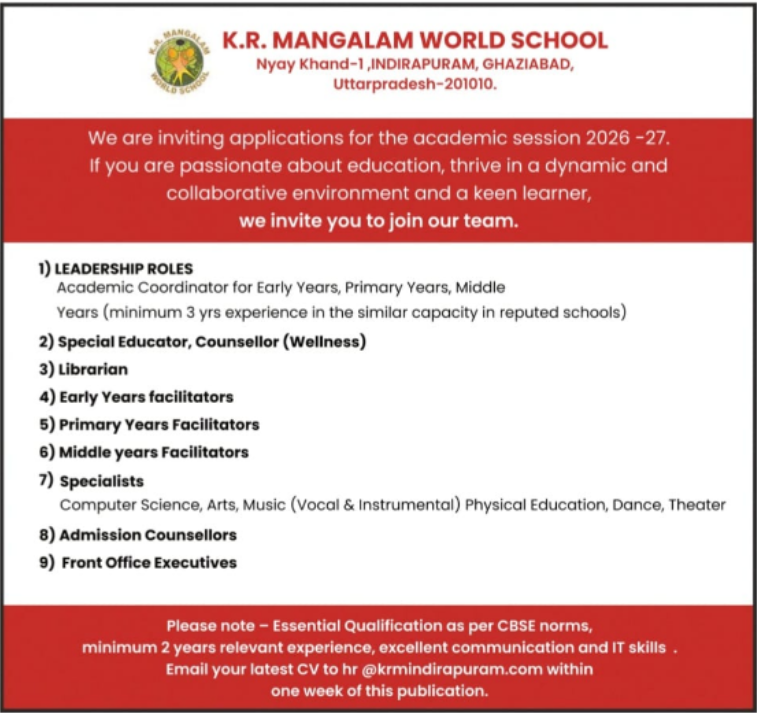 KR Mangalam World School Indirapuram Recruitment 2026