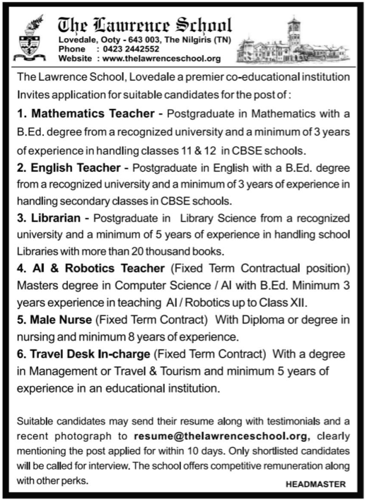 The Lawrence School Lovedale Recruitment 2025