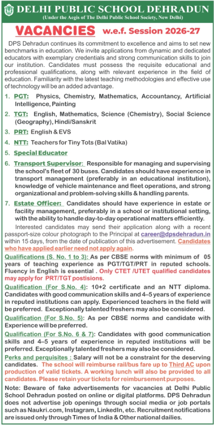 DPS Dehradun Recruitment 2026