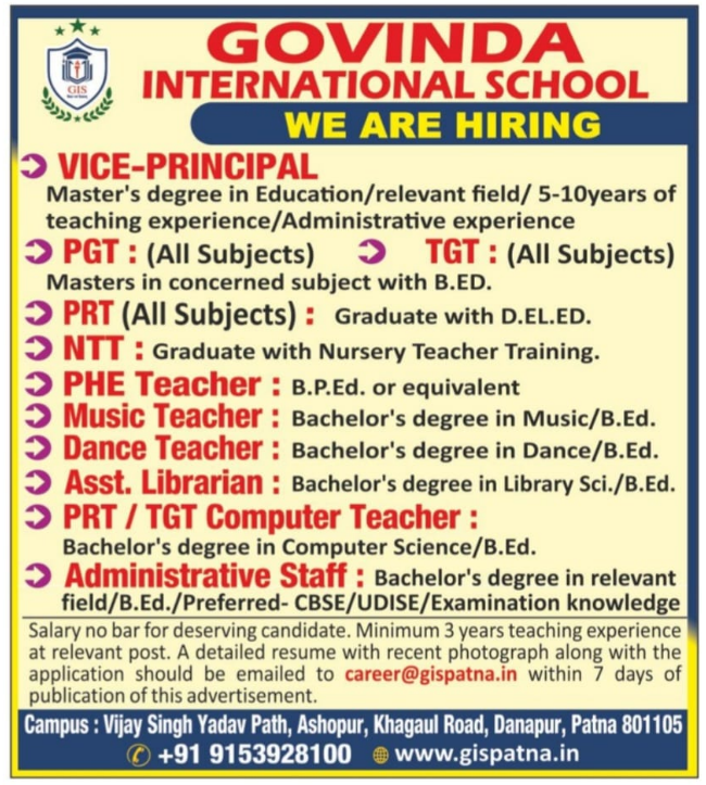 Govinda International School Patna Recruitment 2025