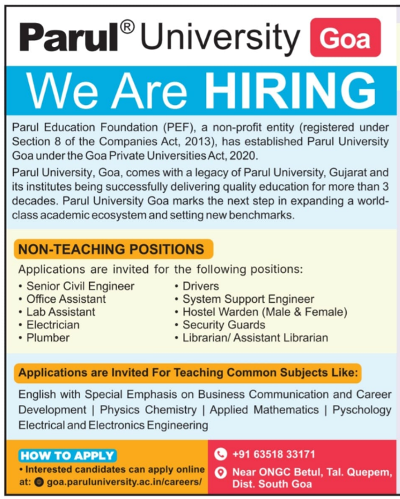 Parul University Goa Recruitment 2025