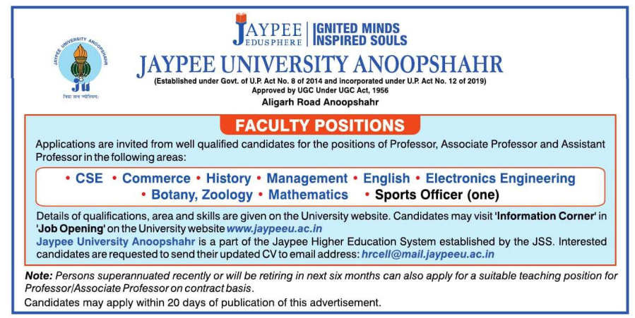 Jaypee University Anoopshahr Recruitment 2025