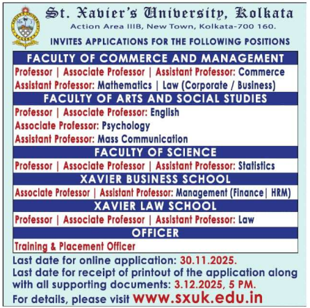 St. Xavier University Kolkata Recruitment 2025