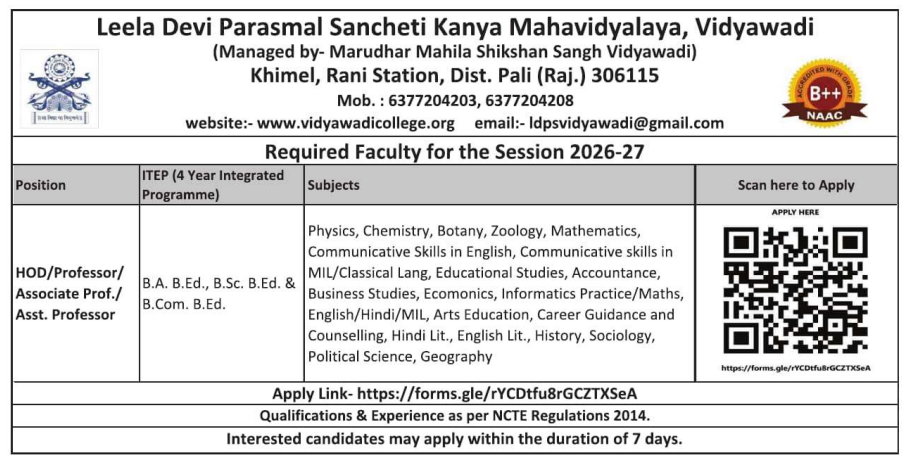 Leela Devi Parasmal Sancheti Kanya Mahavidyalaya Recruitment 2026