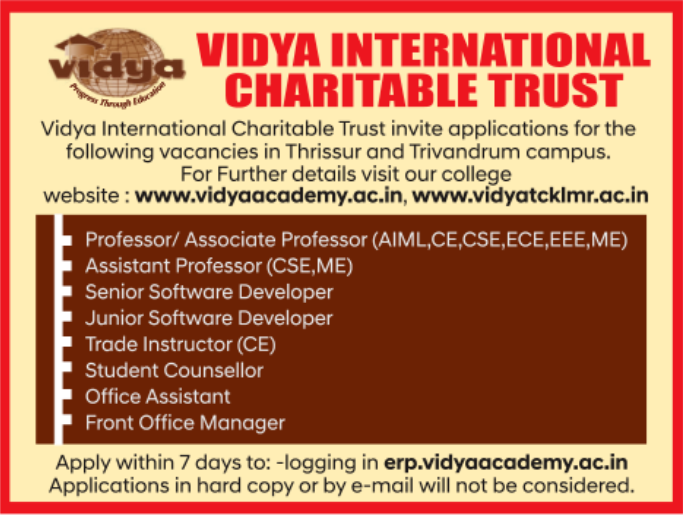 Vidya International Charitable Trust Teaching and Non-Teaching Faculty Jobs in Thrissur