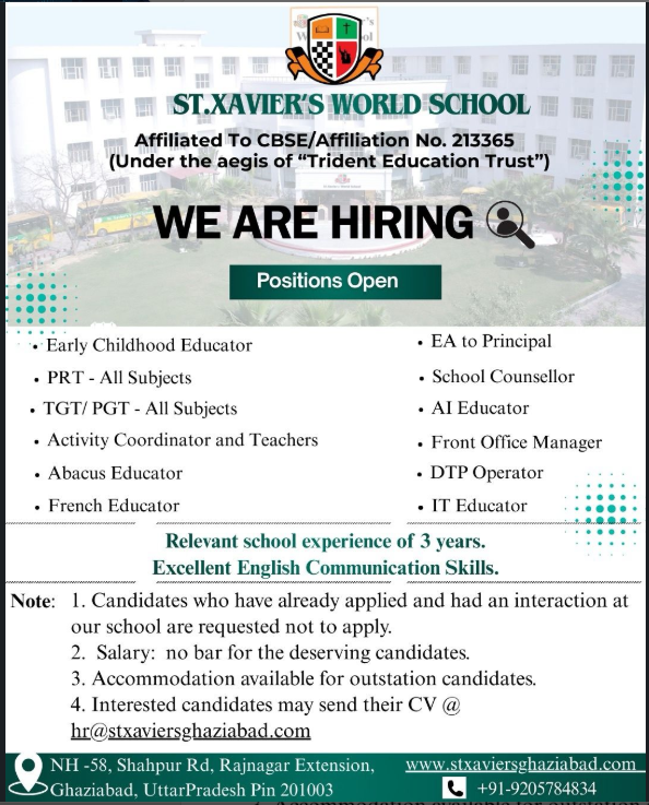 St. Xaviers World School Recruitment 2025
