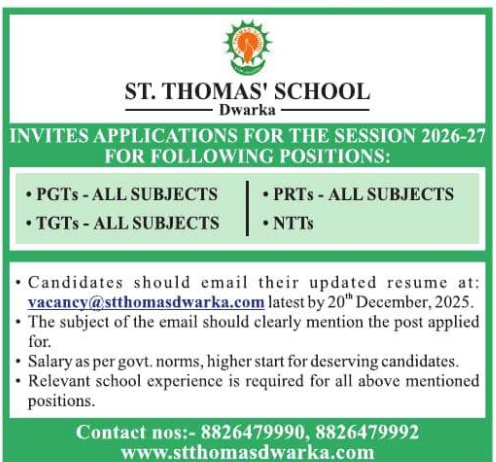 St. Thomas School Dwarka Recruitment 2026