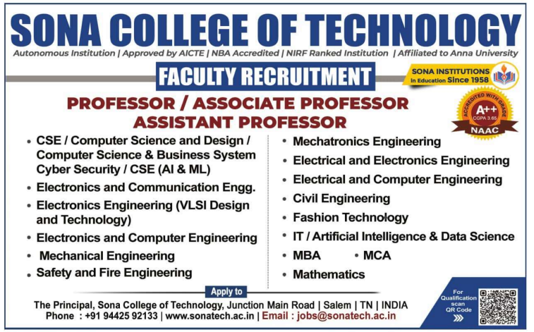Sona College of Technology Recruitment 2026