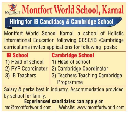 Montfort World School Karnal Recruitment 2025