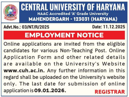 Central University of Haryana Non-Teaching Jobs 2026