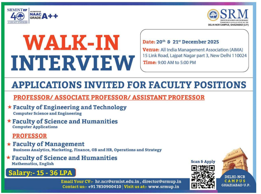 SRM University Walk-In Faculty Jobs 2025