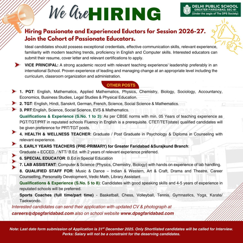 DPS Greater Faridabad Teacher Recruitment 2026
