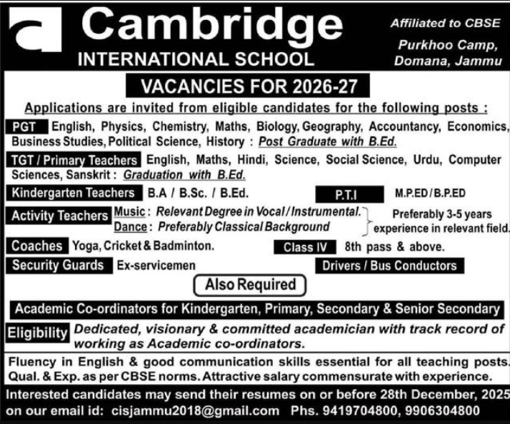 Cambridge International School Jammu Recruitment 2026