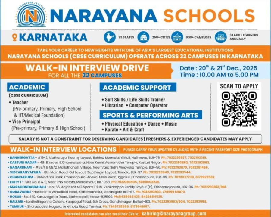 Narayana Schools Karnataka Walk-In Interview 2025