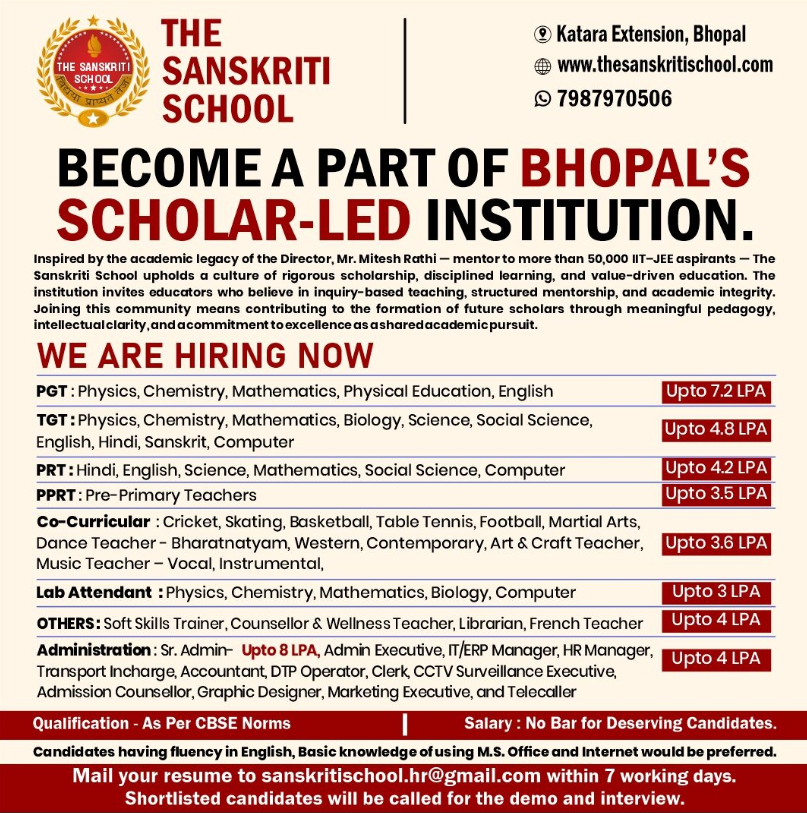 The Sanskriti School Bhopal Recruitment 2026