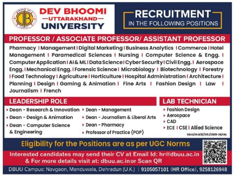 Dev Bhoomi Uttarakhand University Recruitment 2026