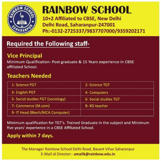 Rainbow School Saharanpur Recruitment 2026